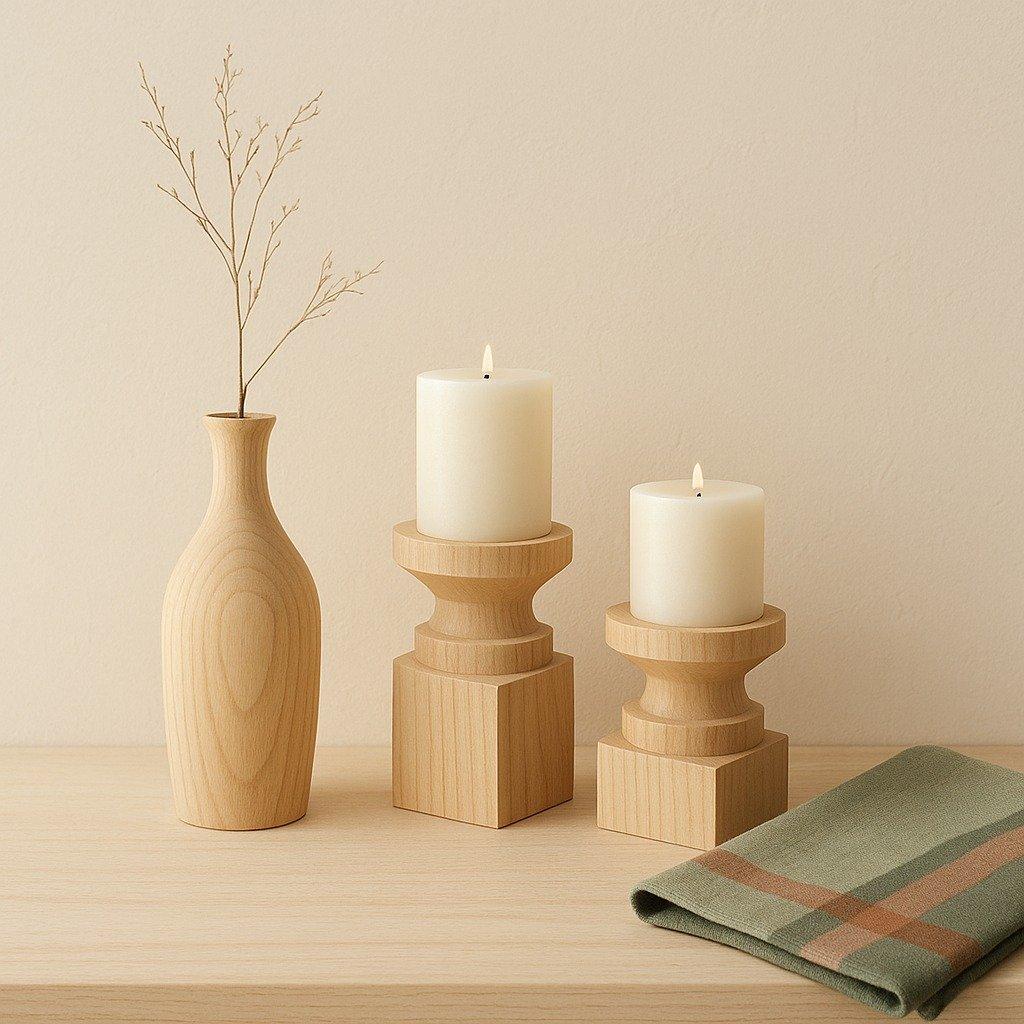 Natural wood vase and stepped holders in a calm dry-stem arrangement